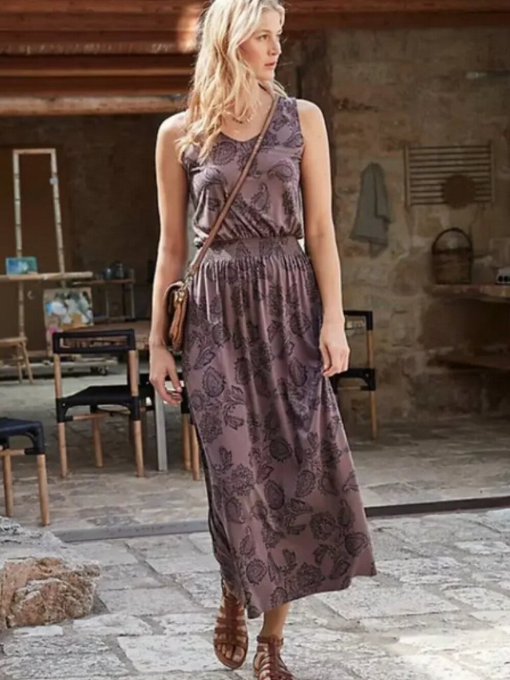 Garnet Hill Sleeveless Paisley Smocked-Waist Maxi Dress